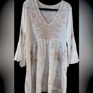 Johnny Was Workshop Sheer Ivory Tiered Peacock Dress L - like new with slip